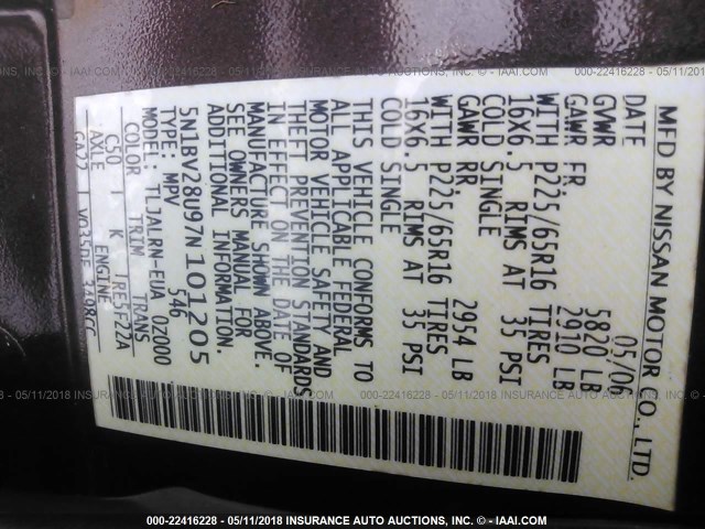 5N1BV28U97N101205 - 2007 NISSAN QUEST S/SE/SL BROWN photo 9