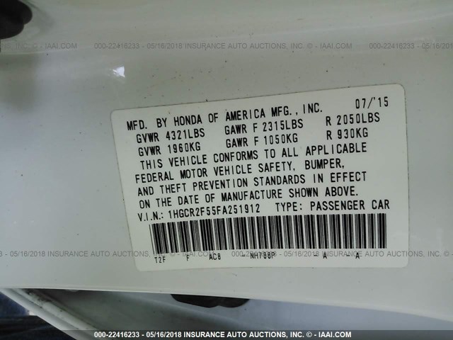 1HGCR2F55FA251912 - 2015 HONDA ACCORD SPORT 白色 照片 9