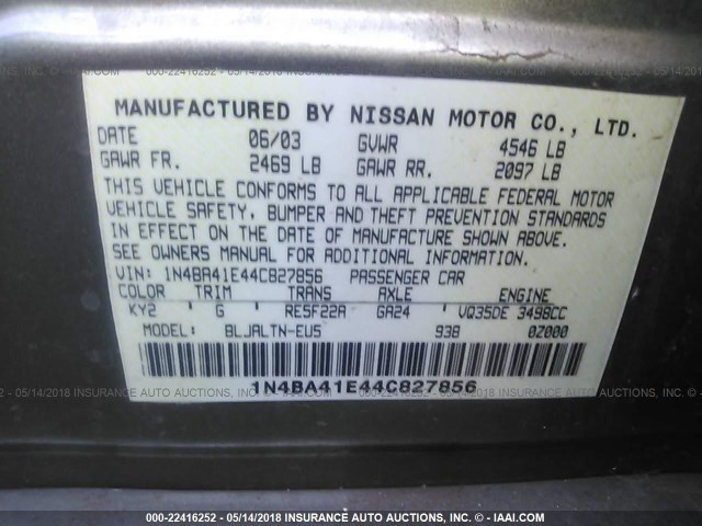 1N4BA41E44C827856 - 2004 NISSAN MAXIMA SE/SL GRAY photo 9