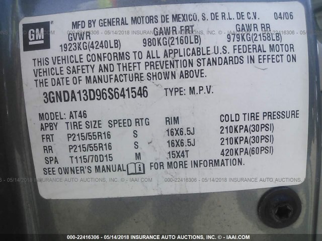 3GNDA13D96S641546 - 2006 CHEVROLET HHR LS GRAY photo 9