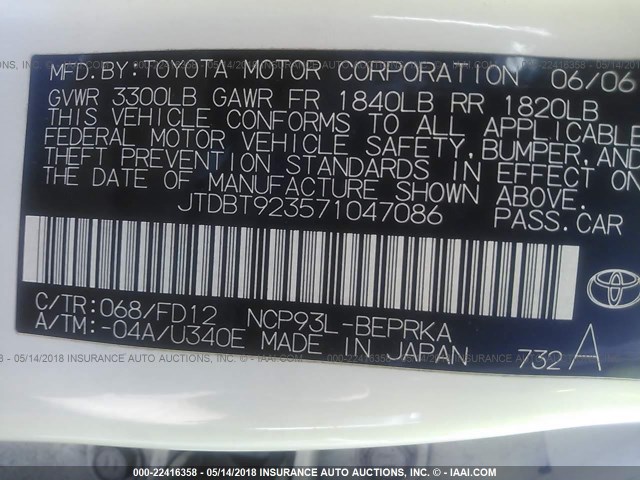 JTDBT923571047086 - 2007 TOYOTA YARIS WHITE photo 9