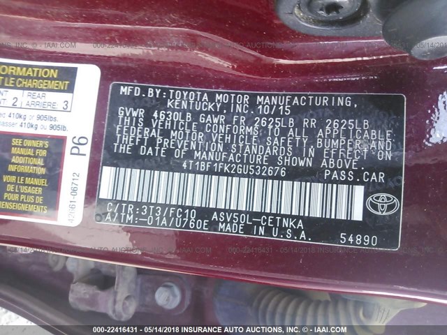 4T1BF1FK2GU532676 - 2016 TOYOTA CAMRY LE/XLE/SE/XSE RED photo 9