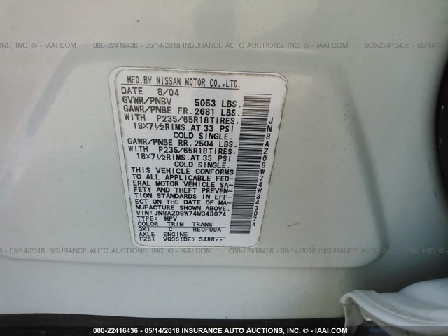 JN8AZ08W74W343074 - 2004 NISSAN MURANO SL/SE WHITE photo 9