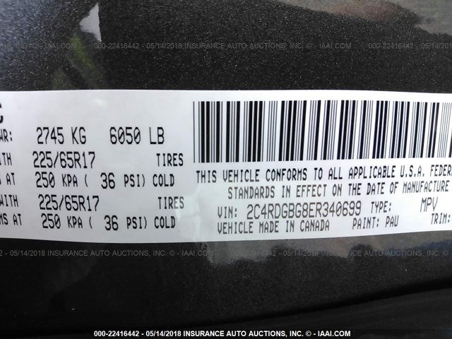 2C4RDGBG8ER340699 - 2014 DODGE GRAND CARAVAN SE GRAY photo 9