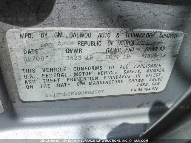 KL1TD56E99B662007 - 2009 CHEVROLET AVEO LS/LT 银色 照片 9