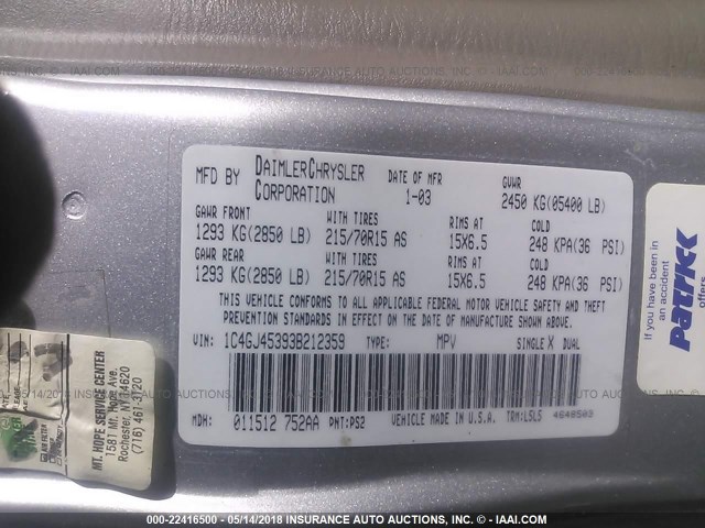 1C4GJ45393B212359 - 2003 CHRYSLER VOYAGER LX SILVER photo 9