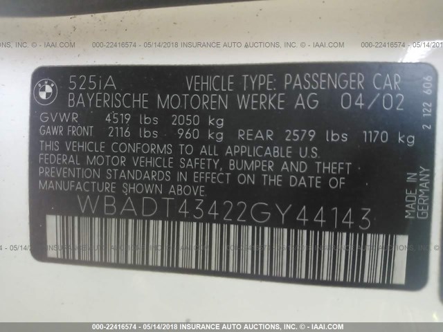 WBADT43422GY44143 - 2002 BMW 525 I AUTOMATIC WHITE photo 9