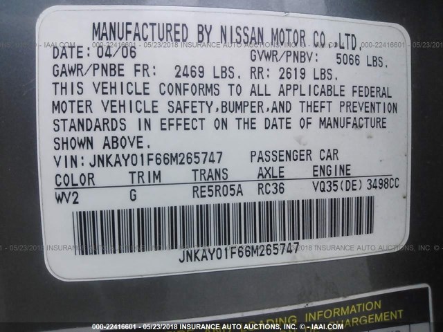 JNKAY01F66M265747 - 2006 INFINITI M35 SPORT GRAY photo 9