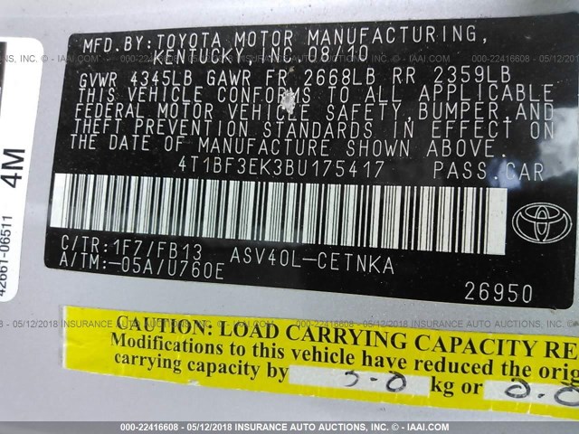 4T1BF3EK3BU175417 - 2011 TOYOTA CAMRY SE/LE/XLE 银色 照片 9