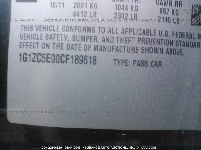 1G1ZC5E00CF189618 - 2012 CHEVROLET MALIBU 1LT BLACK photo 9