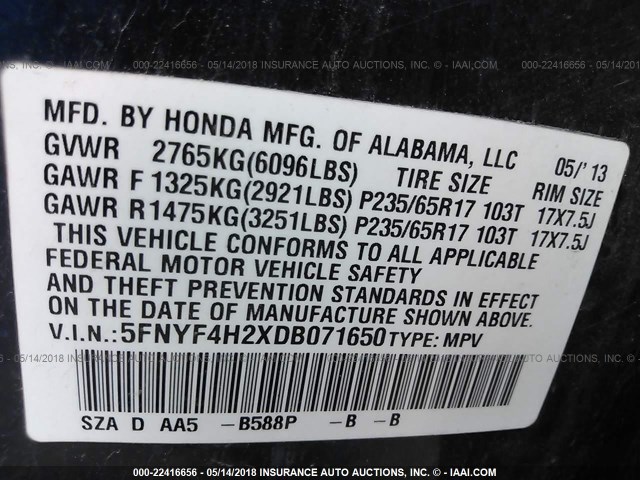 5FNYF4H2XDB071650 - 2013 HONDA PILOT LX BLUE photo 9