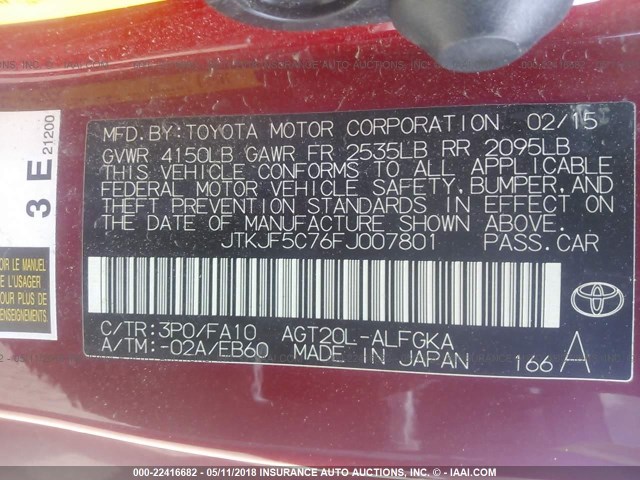 JTKJF5C76FJ007801 - 2015 TOYOTA SCION TC 红色 照片 9