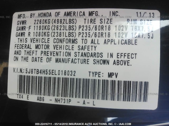 5J8TB4H55EL018032 - 2014 ACURA RDX TECHNOLOGY BLACK photo 9