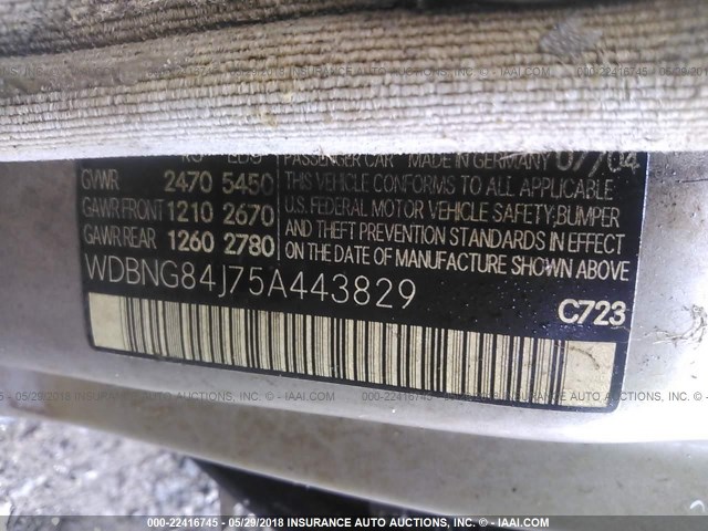 WDBNG84J75A443829 - 2005 MERCEDES-BENZ S 500 4MATIC SILVER photo 9