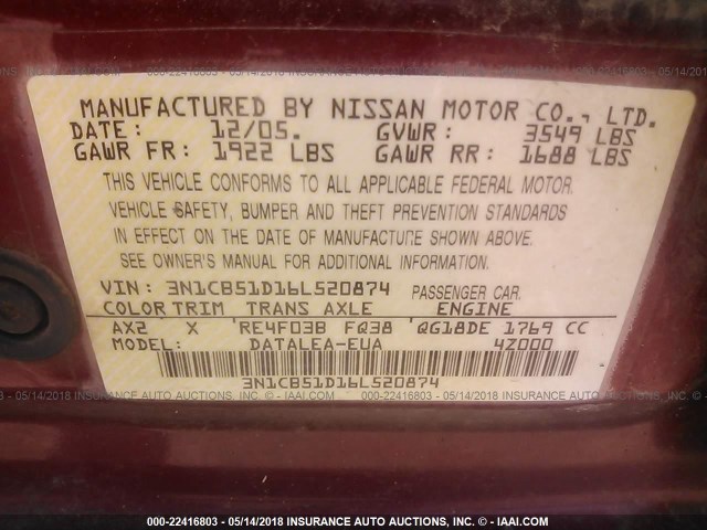 3N1CB51D16L520874 - 2006 NISSAN SENTRA 1.8/1.8S BURGUNDY photo 9