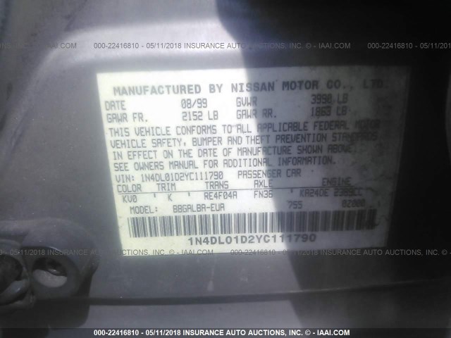 1N4DL01D2YC111790 - 2000 NISSAN ALTIMA XE/GXE/SE/GLE TAN photo 9