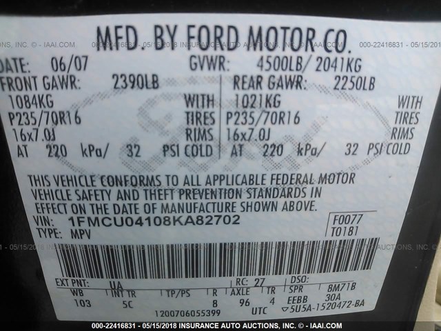 1FMCU04108KA82702 - 2008 FORD ESCAPE LIMITED BLACK photo 9