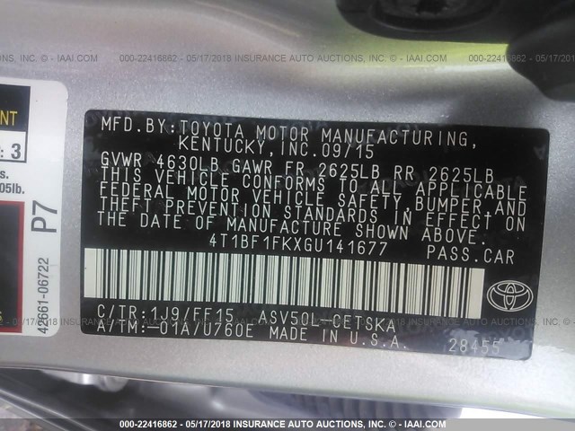 4T1BF1FKXGU141677 - 2016 TOYOTA CAMRY LE/XLE/SE/XSE SILVER photo 9