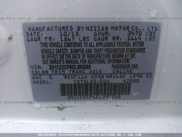 3N1CE2CP6EL390568 - 2014 NISSAN VERSA NOTE S/S PLUS/SV/SL WHITE photo 9