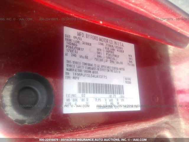 1FMPU15L54LA13175 - 2004 FORD EXPEDITION XLT RED photo 9