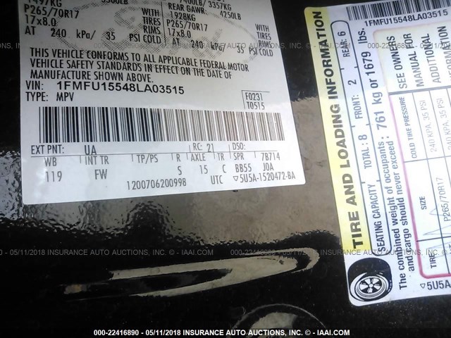 1FMFU15548LA03515 - 2008 FORD EXPEDITION XLT 黑色 照片 9