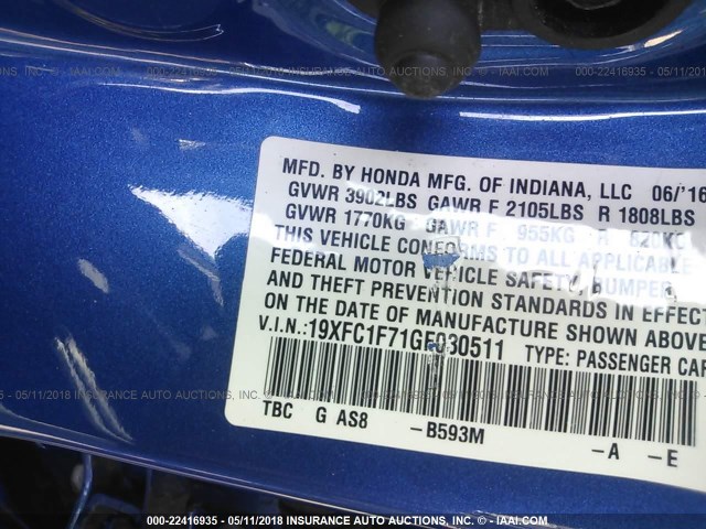 19XFC1F71GE030511 - 2016 HONDA CIVIC EXL ლურჯი ფოტო 9