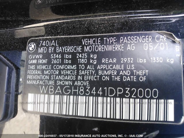 WBAGH83441DP32000 - 2001 BMW 740 IL BLACK photo 9