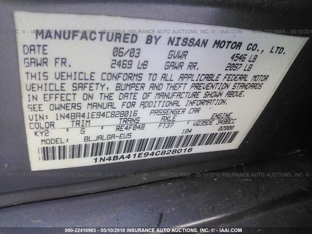 1N4BA41E94C828016 - 2004 NISSAN MAXIMA SE/SL GRAY photo 9