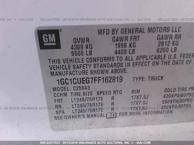 1GC1CUEG7FF162819 - 2015 CHEVROLET SILVERADO C2500 HEAVY DUTY WHITE photo 9