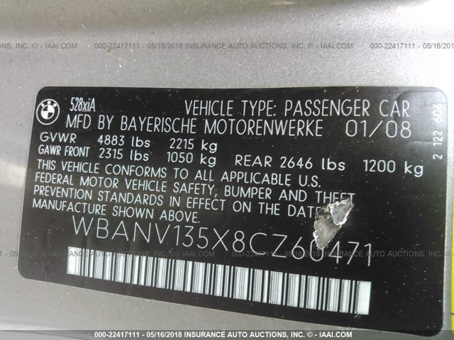 WBANV135X8CZ60471 - 2008 BMW 528 XI SILVER photo 9