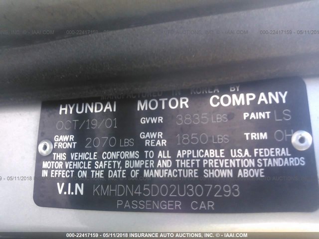 KMHDN45D02U307293 - 2002 HYUNDAI ELANTRA GLS/GT SILVER photo 9