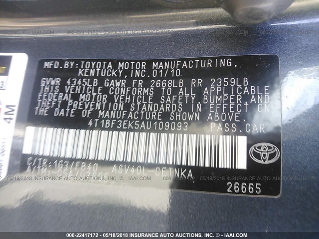 4T1BF3EK5AU109093 - 2010 TOYOTA CAMRY SE/LE/XLE 灰色 照片 9