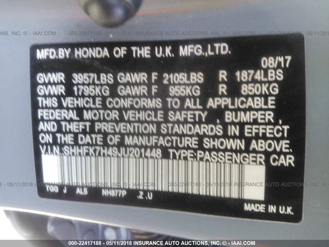 SHHFK7H49JU201448 - 2018 HONDA CIVIC SPORT 灰色 照片 9