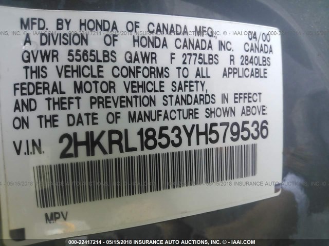 2HKRL1853YH579536 - 2000 HONDA ODYSSEY LX GRAY photo 9