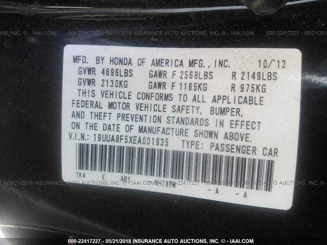 19UUA8F5XEA001935 - 2014 ACURA TL TECH GRAY photo 9