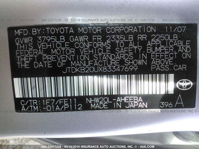 JTDKB20UX83347699 - 2008 TOYOTA PRIUS SILVER photo 9