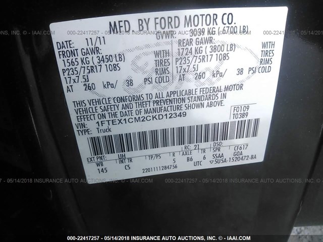 1FTEX1CM2CKD12349 - 2012 FORD F150 SUPER CAB BLACK photo 9