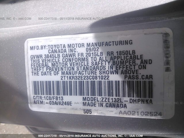 2T1KR32E23C081022 - 2003 TOYOTA COROLLA MATRIX XR SILVER photo 9