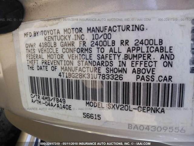 4T1BG28K31U783326 - 2001 TOYOTA CAMRY CE/LE/XLE 金色 照片 9