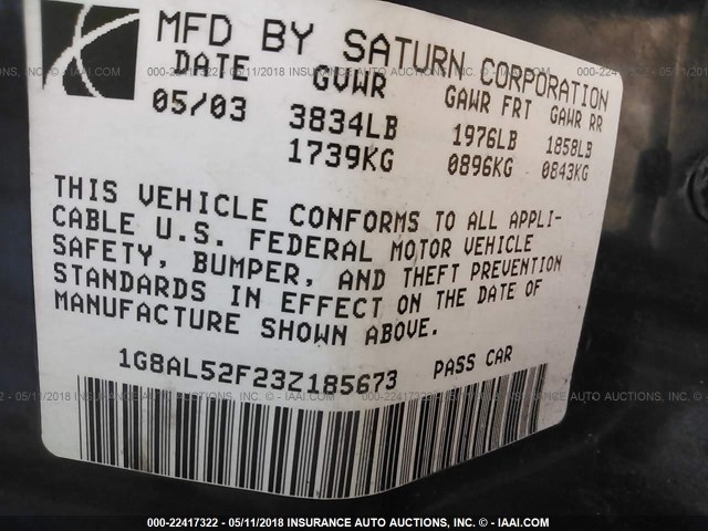 1G8AL52F23Z185673 - 2003 SATURN ION LEVEL 3 BLACK photo 9