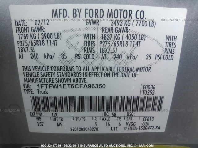 1FTFW1ET6CFA96350 - 2012 FORD F150 SUPERCREW SILVER photo 9