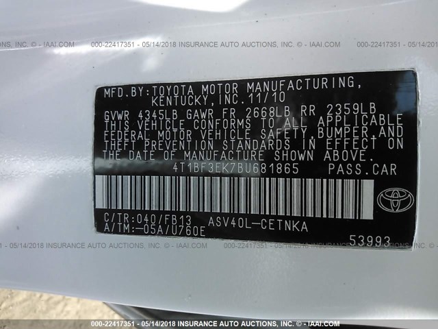 4T1BF3EK7BU681865 - 2011 TOYOTA CAMRY SE/LE/XLE 白色 照片 9