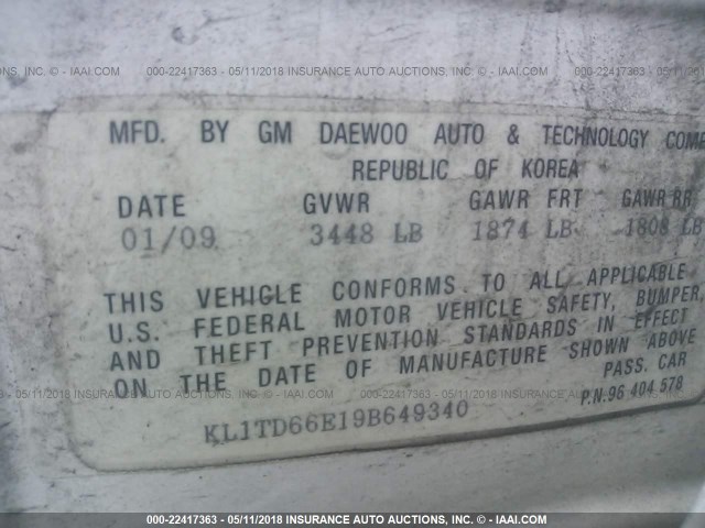 KL1TD66E19B649340 - 2009 CHEVROLET AVEO LS/LT 白色 照片 6