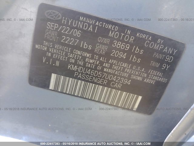 KMHDU46D57U042394 - 2007 HYUNDAI ELANTRA GLS/SE/LIMITED SILVER photo 9