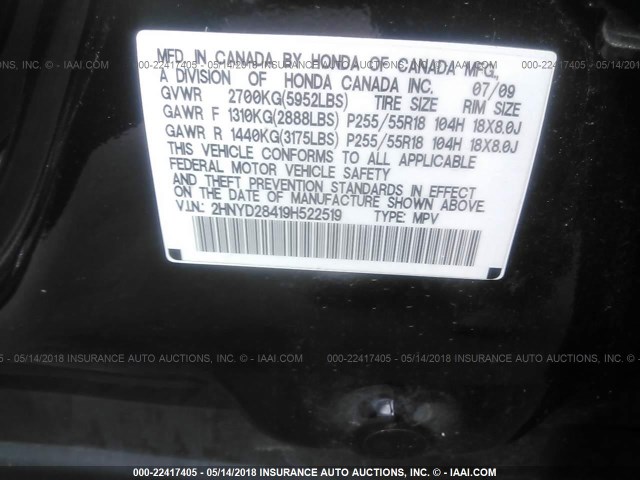 2HNYD28419H522519 - 2009 ACURA MDX TECHNOLOGY BLACK photo 9