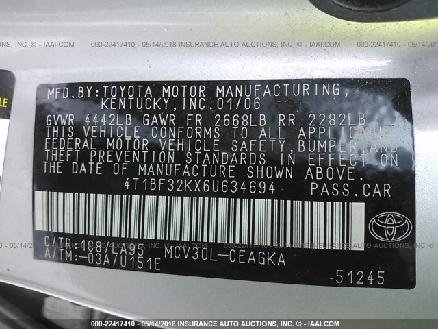 4T1BF32KX6U634694 - 2006 TOYOTA CAMRY LE/XLE/SE 银色 照片 9