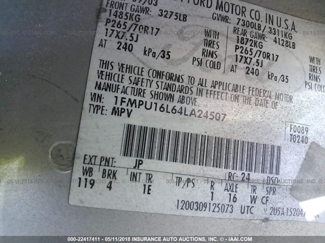 1FMPU16L64LA24507 - 2004 FORD EXPEDITION XLT ნაცრისფერი ფოტო 9