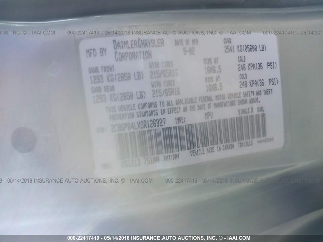 2C8GP64LX3R126327 - 2003 CHRYSLER TOWN & COUNTRY LIMITED GRAY photo 9