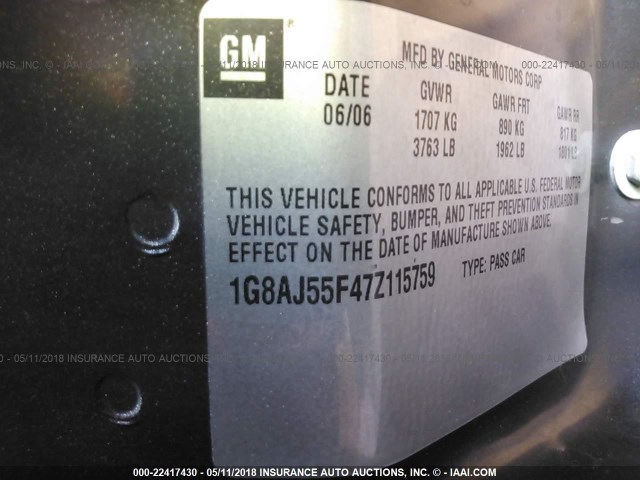 1G8AJ55F47Z115759 - 2007 SATURN ION LEVEL 2 Boz foto 9