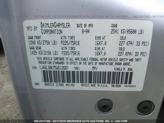 1J4GL38K75W512687 - 2005 JEEP LIBERTY RENEGADE SILVER photo 9